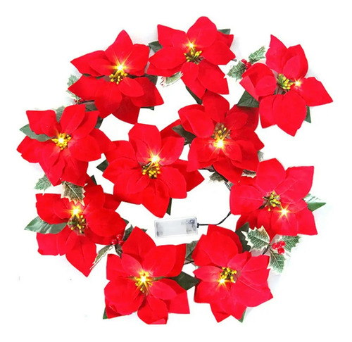 Guirnalda Con 10 Flores Navideñas Y Luces Led 2m