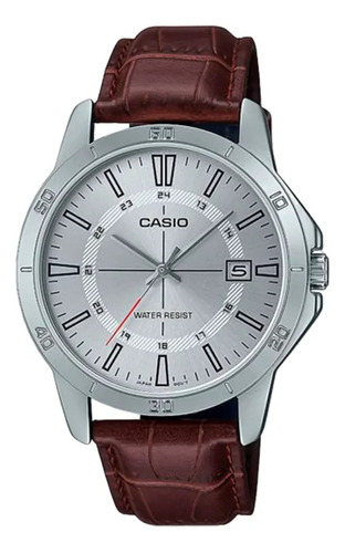Reloj Casio Cuero Marrón Esfera Plateada Mtp-v004l-7cudf 