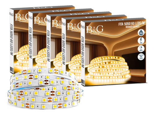 Kit 6 Luminárias Fita Super Led 5050 5m 12v Ip20 Branco Quente 3500k Iluminação