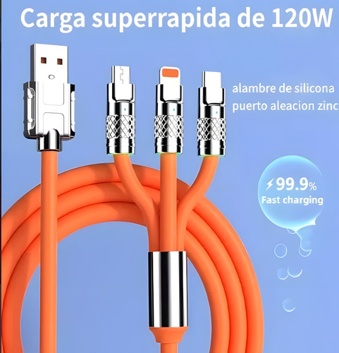 Cable 3 En 1 Para Iphone Tipo C Y Micro Usb 120w 1.2m Naranja