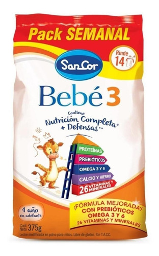 Sancor Bebé 3 leche de fórmula en polvo pouch por 8 unidades de 375g a partir de los 12 meses