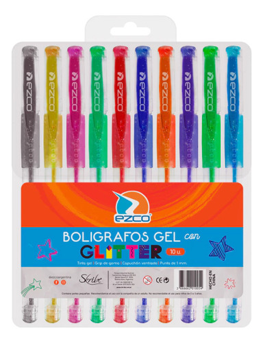 Boligrafo Ezco Gel C/ Glitter Grip 1 Mm Pack X10 Exterior