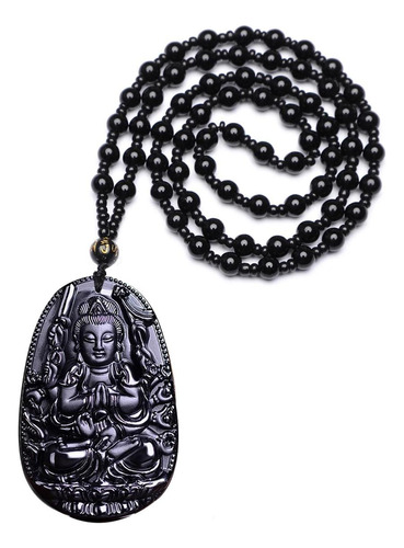 Colar Com Pingente Buda Amitabha Em Relevo Preto 30cm