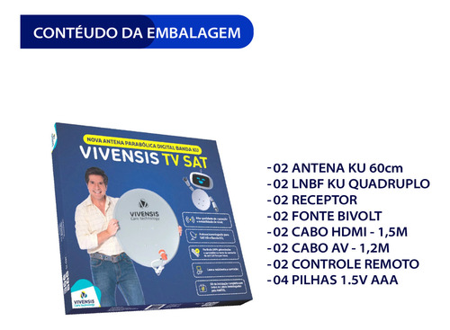 Kit Completo Vivensis Antena Cabo Lnbf 80 Canais 2 Unidades