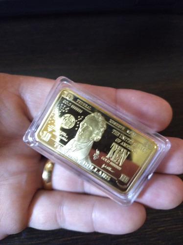 Moeda Souvenir Quadrada Barrinha Dourada De 10 Dólares