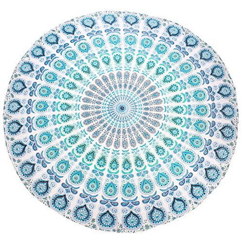 Tapiz De Pared Mandala (blanco Azul, Redondo 178 Cm)