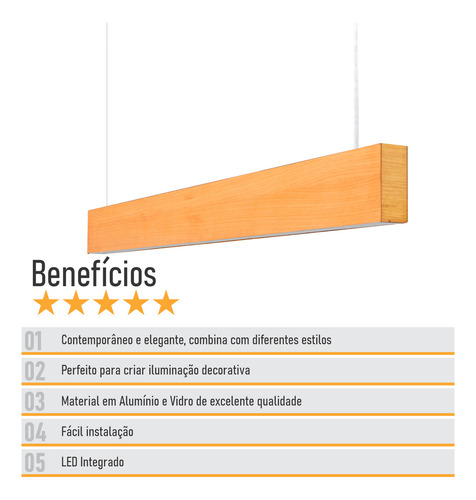 Lustre Madeira Retangular Linear Led Integrado 98cm -snk 04 Estrutura 3000k Branco Quente 110v/220v