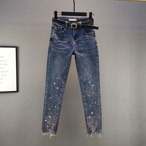 Jeans De Mezclilla De Cintura Alta Con Diamantes De Imitació