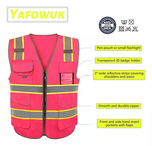 YAFOWUK Chaleco de seguridad reflectante de construcción de neón, de alta  visibilidad, 7 bolsillos con cremallera frontal, cumple con las normas