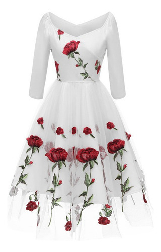 Señoras Rosa Bordado Malla Damas Vestido Blanco