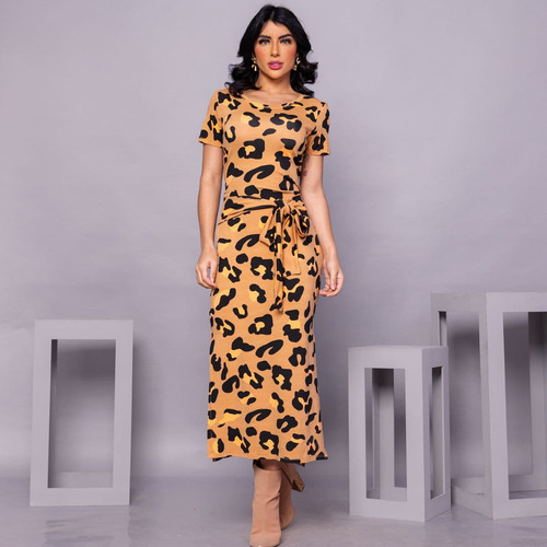 Vestido Feminino Midi Oncinha Com Fenda E Amarrção Frontal