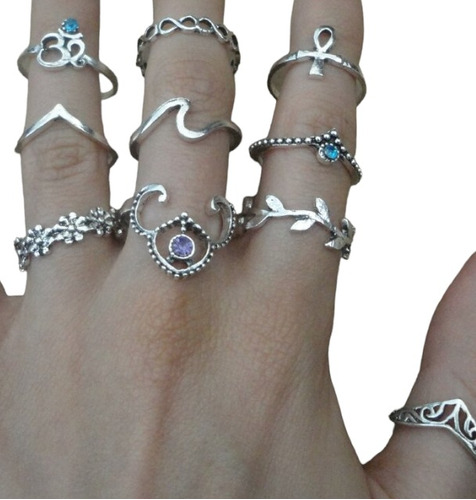 [nuevo] Combo Hermoso Set 10 Anillos Plateados Piedras