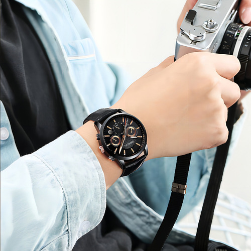 Cronógrafo de couro analógico luminoso Crrju para homens, cor de fundo: preto/rosa dourado