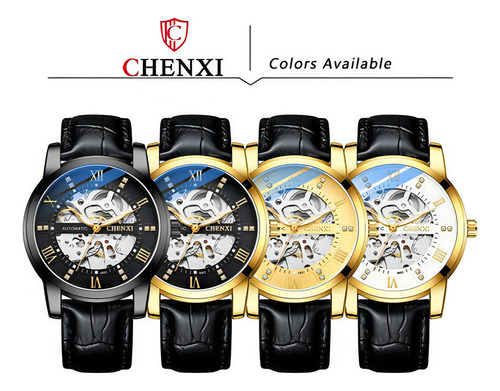 Reloj mecánico de cuero impermeable Chenxi para hombre, color de fondo dorado
