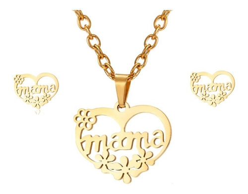 Set Collar + Aros Corazón Mamá Baño Oro 18k Día De La Madre