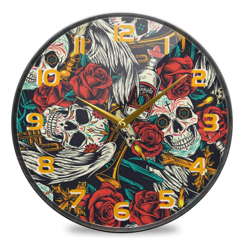 Reloj De Pared Musical Redondo Diseño Calavera Y Rosa Estilo