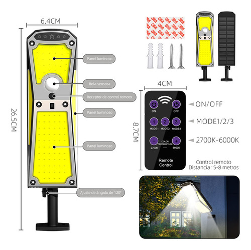 Luz Solar De Pared Sensor Solar De Pared 3modos+remote 6000k