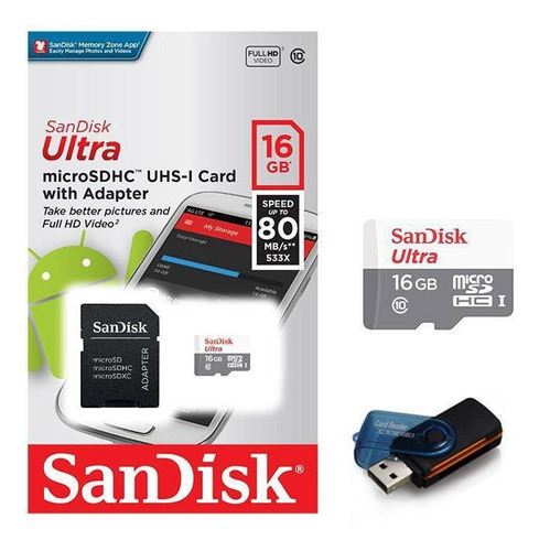 Cartão De Memória Microsd Sandisk Ultra 16gb 80mb/s + Leitor