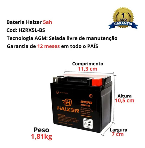 Bateria Haizer Hzrx5l Ybr Factor 125 2021 2022 2023 2024... Direito