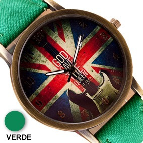 Relógio Vintage Bandeira Inglaterra Pulseira Tecido Verde
