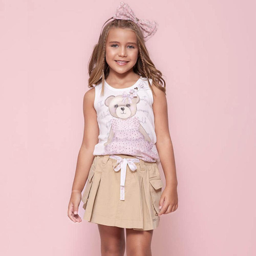 Short Saia Cargo Infantil Bolsos Pregas Cinto Sarja Luxo