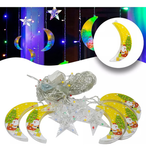 Serie Cascada Led Luna Y Estrellas Navideñas Luz Multicolor 