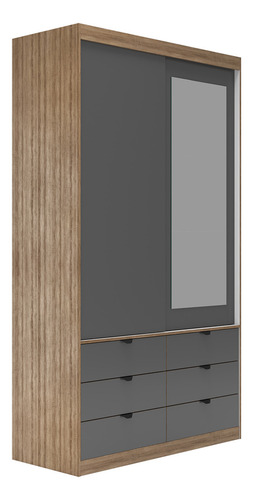 Guarda-roupa Roupeiro Solteiro Com Espelho 100% Mdf 2 Portas De Correr E 6 Gavetas Moderno. Cor Cinza Grafite Design Industrial Mod: Gautama