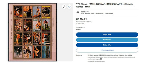S1528 Ajman State 1973 Bloco Jogos Olímpicos E 1 Sextilha