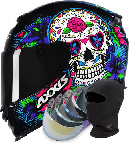 Capacete Mt Axxis Skull Caveira Azul+viseira+toca