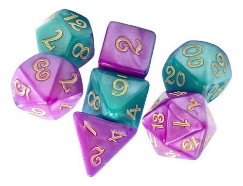 7x Dados Poliédricos D4 D6 D8 D10 D12 D20 Verde Violeta