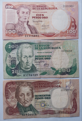 Trio De Billetes De Colombia De 100, 200 Y 500 Pesos Oro.