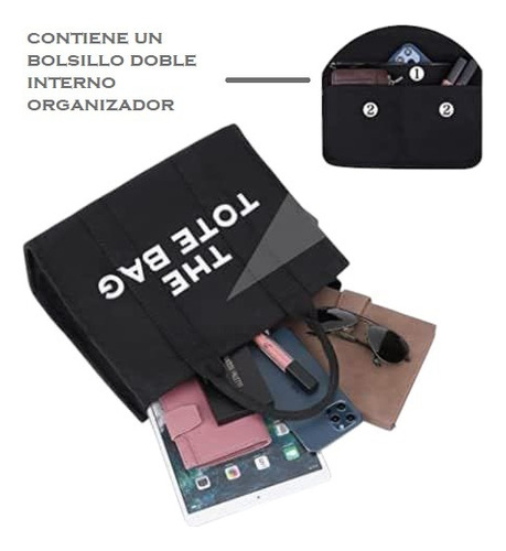 The Tote Bag Cartera Negra Revel Mujer Lona Calidad Premium Negro Lisa Negro