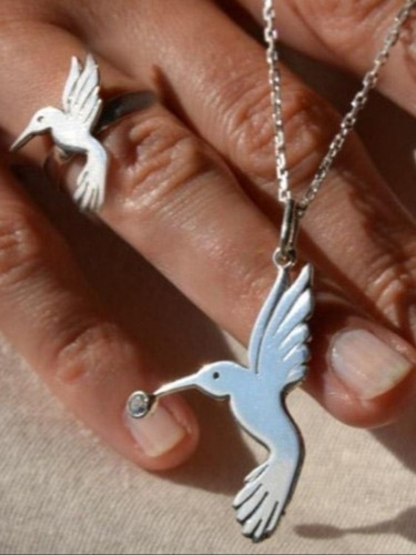 Conjunto Colibrí En Plata. Dije Cadena Y Anillo.ideal Regalo