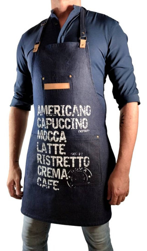 Delantal Jean Y Cuero Estampado Diseño Café Barista Unisex