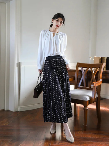 Falda Midi De Lunares Para Mujer, Plisada En A, Versátil