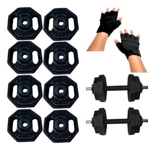 Barra Recta Discos Pesa Guantes+ Manubrio Pvc Set Pack 36kg