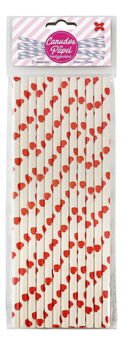 Canudo De Papel Branco Com Coração Vermelho 6mmx200mm 12un