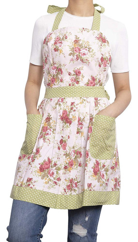 Delantal Floral De Algodón Para Mujer Con Bolsillos, Corbata