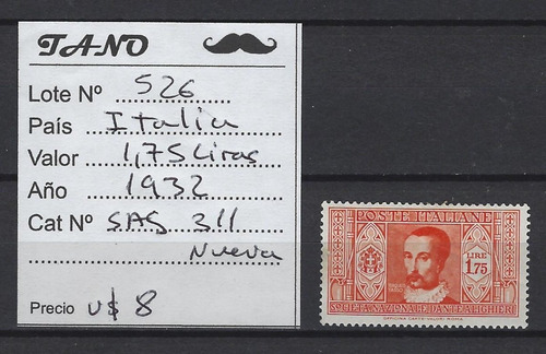 Lote526 Italia 1.75 Liras Año 1932 Sasonne#311 Nueva Impec.