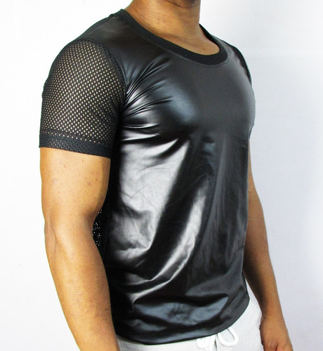 Camisetas Masculinas Cirrê Preto Com Detalhes Em Tela