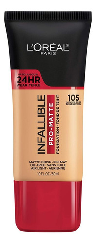 Base de maquillaje líquida L'Oréal Paris Infallible Pro-Matte 24 hrs tono 105 natural beige - 30mL