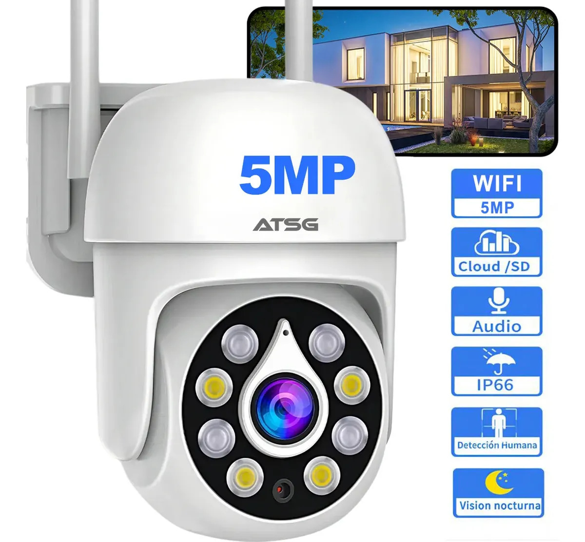 ATSG Cámara Seguridad WiFi 5MP Visión Nocturna, Audio Bidireccional, IP66, PTZ
