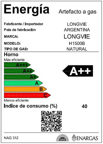 Imagen 2 de 2 de Horno A Gas Longvie H1500b Con Grill Eléctrico De Empotrar
