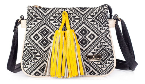 Bolsa Crossbody De Piel Genuina Con Textil Etnico Angelozano Color Negro Diseño de la tela Jaqueline Etnico