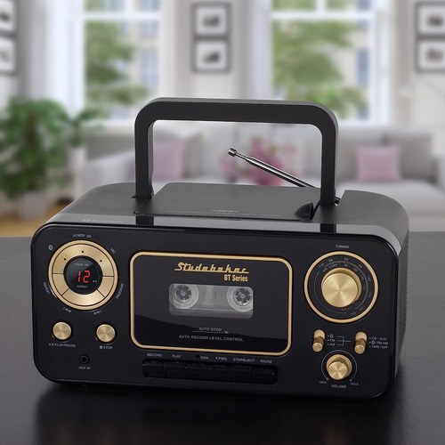 Studebaker Cd Estéreo Portátil Bluetooth, Radio Estéreo Am/fm Y Reproductor De Casete (negro Y Dorado)