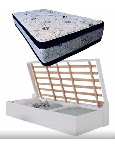 Cama Baul Box  1 Plaza Parrilla Madera + Colchon Alta Densid