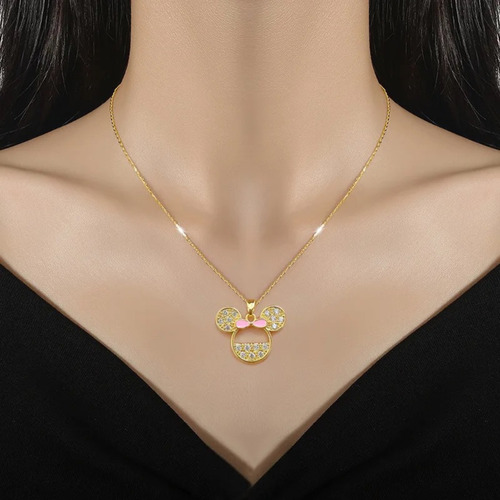 Collar Dije Minnie Mouse Moño Rosa Zirconias Baño De Oro 18k