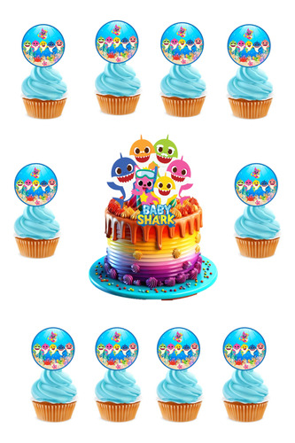 Pack Topper De Torta Y 12 Toppers Para Cup Cake Baby Shark 