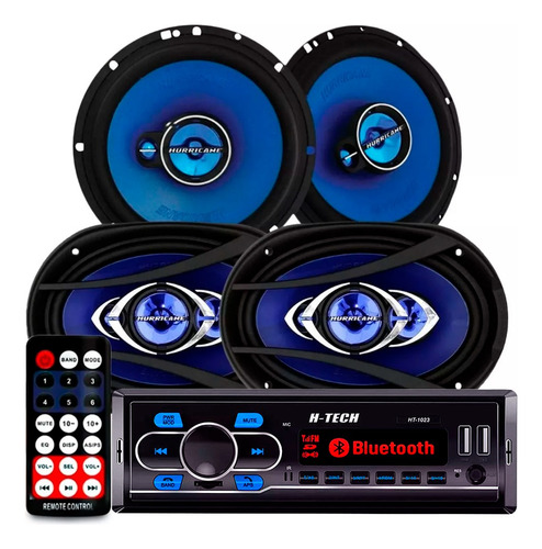 Kit Automotivo Radio Usb Bluetooth Falante Hurricane 6 + 6x9 Cor Azul