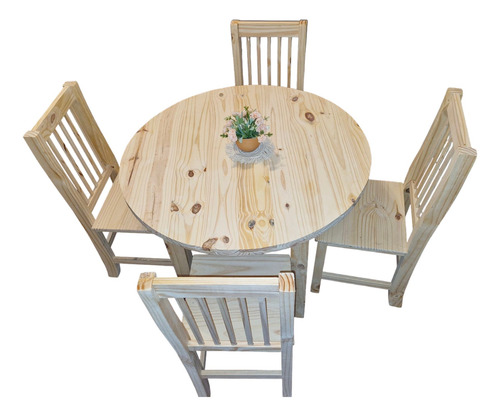 Mesa Comedor Madera Pino Reforzado Redonda + 4 Sillas Hindu Sin Color